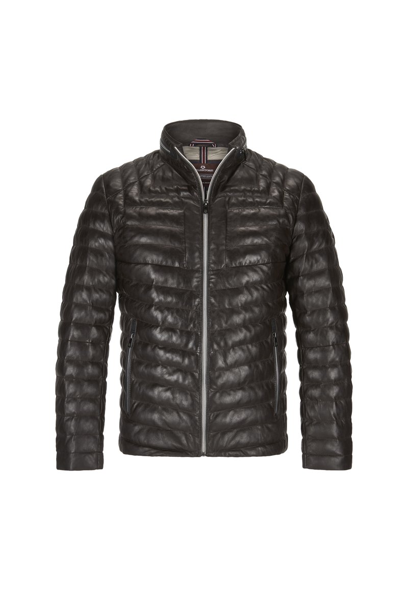 Czarna pikowana skórzana kurtka z przednim zamkiem i zamykanymi kieszeniami bocznymi, stójka oraz poziome pikowanie.