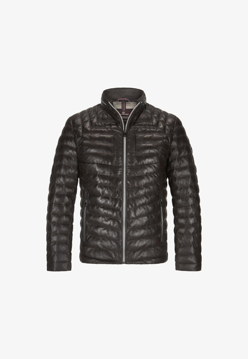 Czarna pikowana skórzana kurtka z przednim zamkiem i zamykanymi kieszeniami bocznymi, stójka oraz poziome pikowanie.