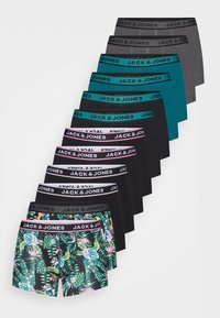 Elf Paare Herrenschlüpfer in verschiedenen Farben, einschließlich Schwarz, Petrol und einem Blumenmuster. Alle haben den Taillenbund mit der Marke "JACK & JONES".