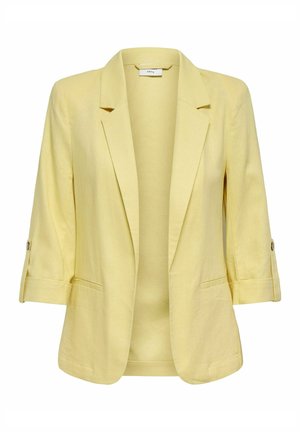 Lysegul dameblazer med trekvart-ermer, knappede stropper, hakket slagkrage og to fremre lommer.