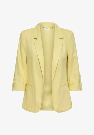 Blazer jaune clair pour femme avec manches trois-quarts, pattes boutonnées, col à revers cranté et deux poches avant.