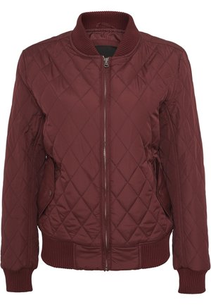 Blouson bomber matelassé bordeaux avec fermeture éclair à l'avant, col, poignets et bas en bord-côtes, et poches latérales à boutons-pression.