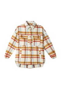 Camisa de cuadros de manga larga con botones y bolsillos en el pecho en tonos crema, naranja, azul y marrón, colocada plana sobre un fondo blanco.