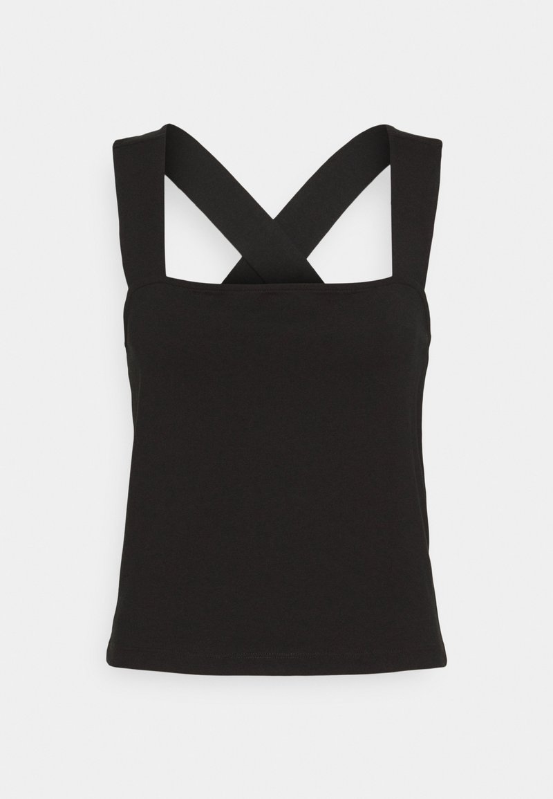 Haut noir sans manches avec larges bretelles croisées dans le dos, design uni et encolure droite.
