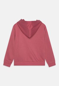 Sweat-shirt à capuche en tissu doux de couleur rose poussiéreux unie. Présente des manches longues, une poche kangourou et des poignets et un ourlet côtelés. Texture lisse.