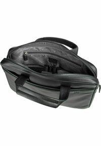 Schwarze Ledertasche für Laptops mit doppelten Tragegriffen, Reißverschlussverschluss, mehreren Fächern und einem Innenfutter mit Stoffdetails.