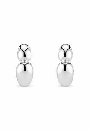 Sølv øreringe med et karakteristisk rundt design med to polerede, bulbus former stablet lodret. Glat, reflekterende overfladestruktur.