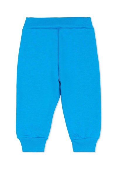 Pantalon de jogging en coton bleu avec une taille élastiquée et des chevilles resserrées. Texture lisse, design simple, sans motifs ni détails supplémentaires.