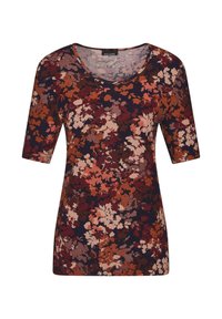 Bluse mit Blumenmuster und kurzen Ärmeln, mit einem runden Ausschnitt. Die Farben umfassen tiefes Rot, Orange und Creme auf einem dunklen Hintergrund.