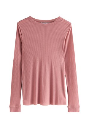 Pikkade varrukatega soonikkoega niidist topp tuhkurroosas toonis, ümar kaelusega ja kitsaste mansettidega, valgel taustal eksponeeritud.