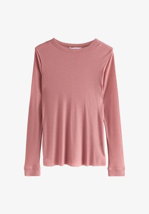 Langærmet ribstrikket top i støvet pink med rund halsudskæring og tætsiddende ærmeafslutninger, vist på en hvid baggrund.