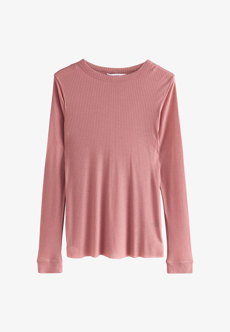Top a manica lunga in maglia a coste rosa polvere con scollo rotondo e polsini aderenti, mostrato su sfondo bianco.