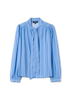 Hellblaue Bluse mit langen Ärmeln, vertikalen weißen Spitzenstreifen, aufgepufften Schultern und einem Neckholder-Detail der Marke OVS.