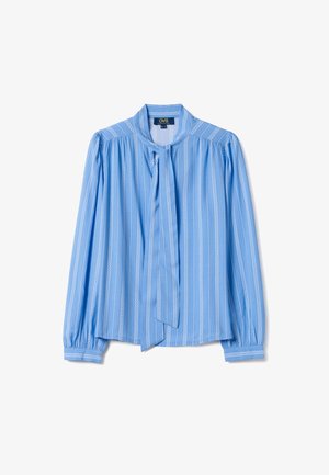 Hellblaue Bluse mit langen Ärmeln, vertikalen weißen Spitzenstreifen, aufgepufften Schultern und einem Neckholder-Detail der Marke OVS.