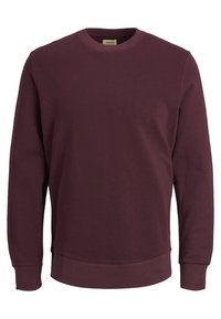 Bordeauxrode trui gemaakt van zachte stof, met een klassieke ronde hals, lange mouwen en geribbelde boorden en zoom voor een comfortabele pasvorm.