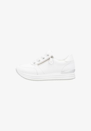 White sneaker featuring a textured upper, rounded toe, silver accents, lace-up closure with a side zipper, and a lightweight sole.