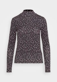 Langärmliges Oberteil aus schwarzem Stoff, das mit einem mehrfarbigen abstrakten Muster versehen ist. Figurbetontes Design mit hohem Kragen. Weiche Textur, dehnbarem Material.