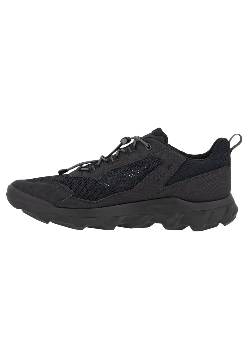 Black athletic shoes with a mesh upper, textured side panels, and a thick rubber sole with a distinctive tread pattern. Features elastic laces.