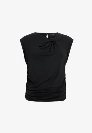 Schwarzes Kurzarmoberteil mit einem Knoten-Detail an der Vorderseite, aus weichem Stoff und einem Schlüsselverschluss an der Rückseite. Glatte Textur und taillierte Passform.