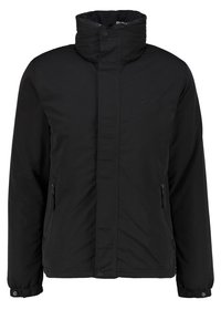 Czarna ocieplana kurtka z wysokim kołnierzem, kieszeniami na suwak i elastycznymi mankietami. Prosty krój, miękka faktura i przeszywane logo z przodu.