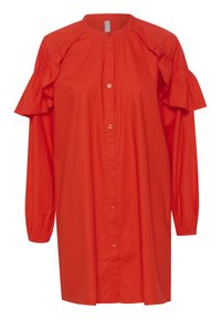 Blusa rossa di cotone con chiusura a bottoni, caratterizzata da maniche corte arricciate e colletto alla mandarina. Vestibilità rilassata con maniche lunghe e polsini arricciati.