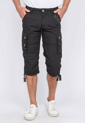 Shorts cargo noirs en tissu léger, dotés de plusieurs poches, d'une fermeture à bouton et d'ourlets ajustables avec cordons.