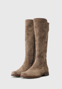 Botas de ante marrón hasta la rodilla con puntera redonda, cremallera lateral y acabado texturizado. Suela de goma con un tacón bajo apilado.