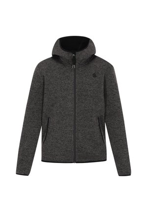 Grijze zip-up jas met een capuchon, gemaakt van gestructureerde stof. Voorzien van zijzakken en een logo op de borst. Gladde afwerking met elastische manchetten.
