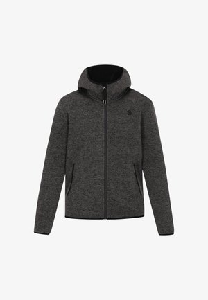 Grijze zip-up jas met een capuchon, gemaakt van gestructureerde stof. Voorzien van zijzakken en een logo op de borst. Gladde afwerking met elastische manchetten.