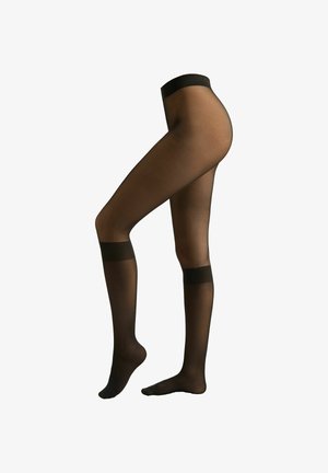 Zwarte sheer panty met een gladde textuur, voorzien van een brede tailleband en contrasterende ondoorzichtige banden rond de dijen.