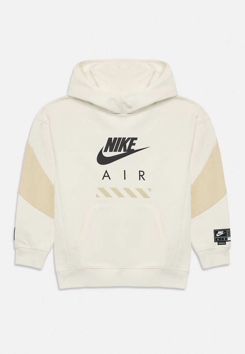 Nike hoodinė palaidinė, kreminės spalvos, su juodu logotipu ir tekstu. Savybėje yra beigžinių akcentų ant rankovių, kengūrinė kišenė ir medžiaginis ženklelis ant rankovės.
