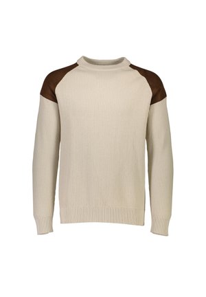 Beige gebreide trui met ribbelstructuur, ronde hals en bruine suede schouderaccenten. Heeft lange mouwen en een relaxed fit.