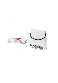 Weißes Papiertragetuch mit schwarzem Griff und "PANDORA"-Logo, begleitet von einer kleinen rosa-weißen Schmuckschatulle, die teilweise geöffnet ist.