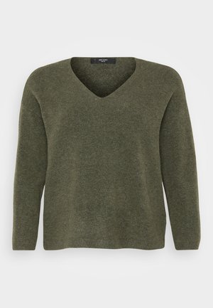 Maglione verde oliva a scollo a V realizzato in morbido materiale knit, con maniche lunghe e una vestibilità comoda, caratterizzato da una leggera texture e orlo a costine.