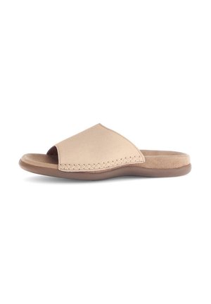 Beige slide sandal with a wide, curved upper, open toe, and textured stitching detail along the sole for added grip and comfort.