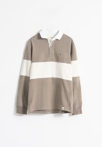 Camisa polo de manga larga en algodón beige y blanco, con rayas horizontales, un cuello blanco y un pequeño detalle de logo en el pecho.