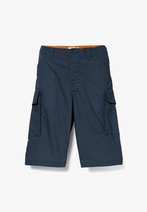 Námořnické cargo šortky s dvěma bočními kapsami, plochým předním dílem, zapínáním na knoflík a kontrastním oranžovým pasem. Vyrobené z lehkého materiálu.