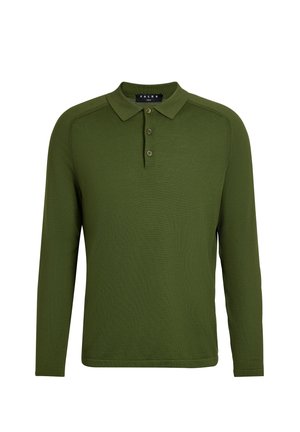 Grünes langärmeliges Polohemd aus strukturiertem Stoff, mit Kragen und Drei-Knopf-Leiste. Rippstrick-Verarbeitung.