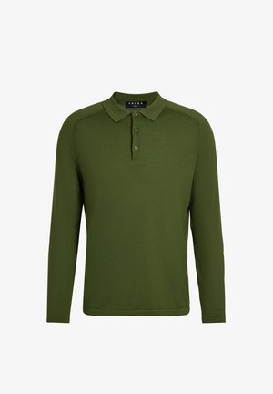 Grünes langärmeliges Polohemd aus strukturiertem Stoff, mit Kragen und Drei-Knopf-Leiste. Rippstrick-Verarbeitung.