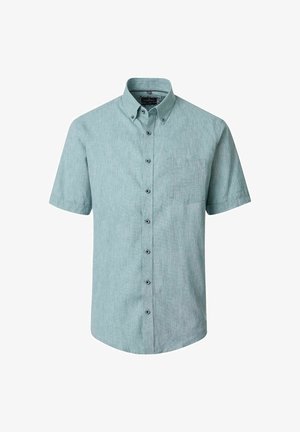 Chemise homme bleu clair à manches courtes avec boutons, col boutonné et poche poitrine avant, présentée sur fond blanc.