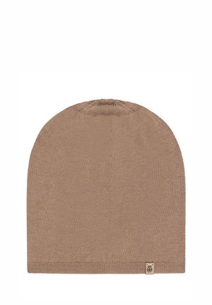 Brown knitted beanie hat with a ribbed edge and gathered top. Features a small branded tag at the base. Soft texture.