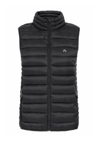 Gilet noir rembourré avec col haut, texture matelassée et fermeture éclair à l'avant. Il dispose de poches latérales et d'un petit logo sur la poitrine.