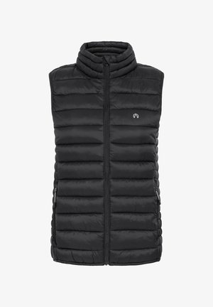 Černá péřová vesta s vysokým límcem, prošívanou texturou a předním zipem. Obsahuje boční kapsy a malé logo na hrudi.