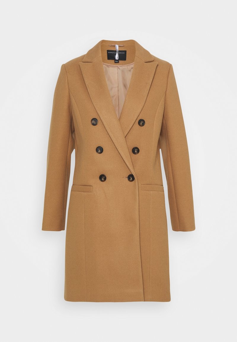 Dvouřadový kabát v barvě velbloudí srsti vyrobený z vlny, s klopovým límcem, ramenními vycpávkami a dvěma předními kapsami s černými knoflíky.