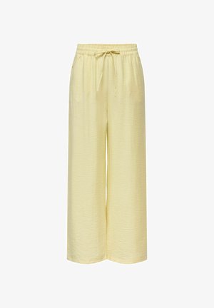 Palazzo-Hosen in Hellgelb, mit glatter Textur, elastischem Bund und verstellbarem Band. Weit geschnitten für Komfort und Bewegungsfreiheit.