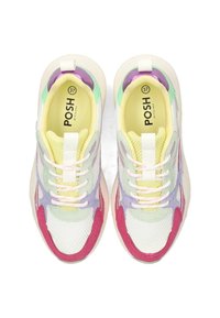 Sport sneakers with a mesh upper in pastel colors: yellow, pink, green, and purple. Features a thick, cream-colored sole and contrasting laces.