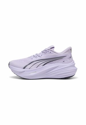Light purple athletic running shoe with a thick, sculpted sole and black curved stripe detail, shown in profile against a white background.