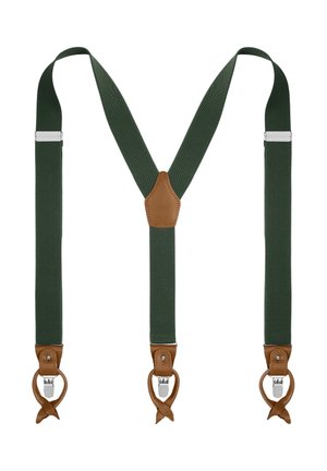 Zielone elastyczne szelki z brązowymi skórzanymi akcentami i metalowymi klipsami, charakteryzujące się kształtem literki V i teksturowanym materiałem dla lepszego chwytu.