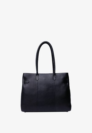 Sort lædertaske med to håndtag, glat tekstur, rektangulær form og minimal syning. Ingen synligt hardware eller pynt.