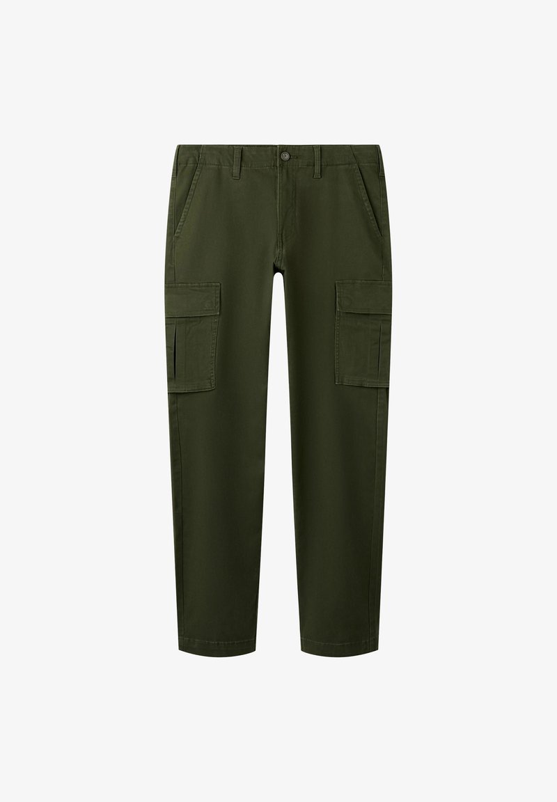 Pantalones cargo verdes oliva hechos de algodón. Cuentan con dos grandes bolsillos laterales, trabillas para el cinturón y un cierre de botón. Diseño de pierna recta.